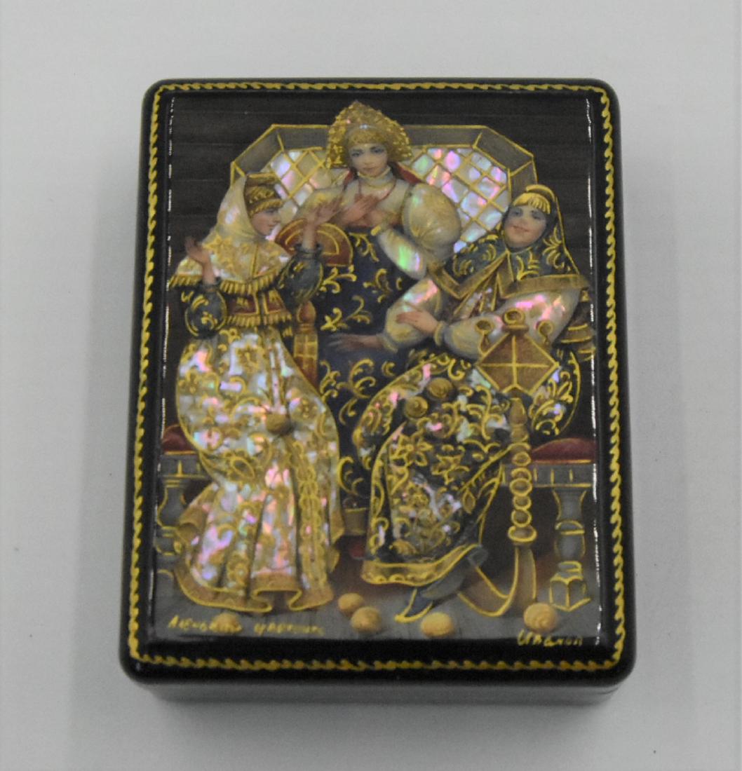 Russian black Lacquer Box Hand signed: 1. small boxies inside 4 1/4" X 3 1/4" X 1 1/2" H (166)