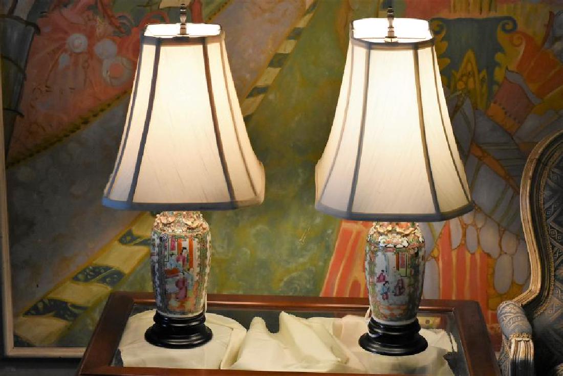 Rose Medallion Lamps (2) 1800s: This is for a Pair of real rose medallion antique lamps circa 1800s from china. they are in perfect condition. The vase lamp has no holes drilled in it which protects the value of the Rose Medallion v