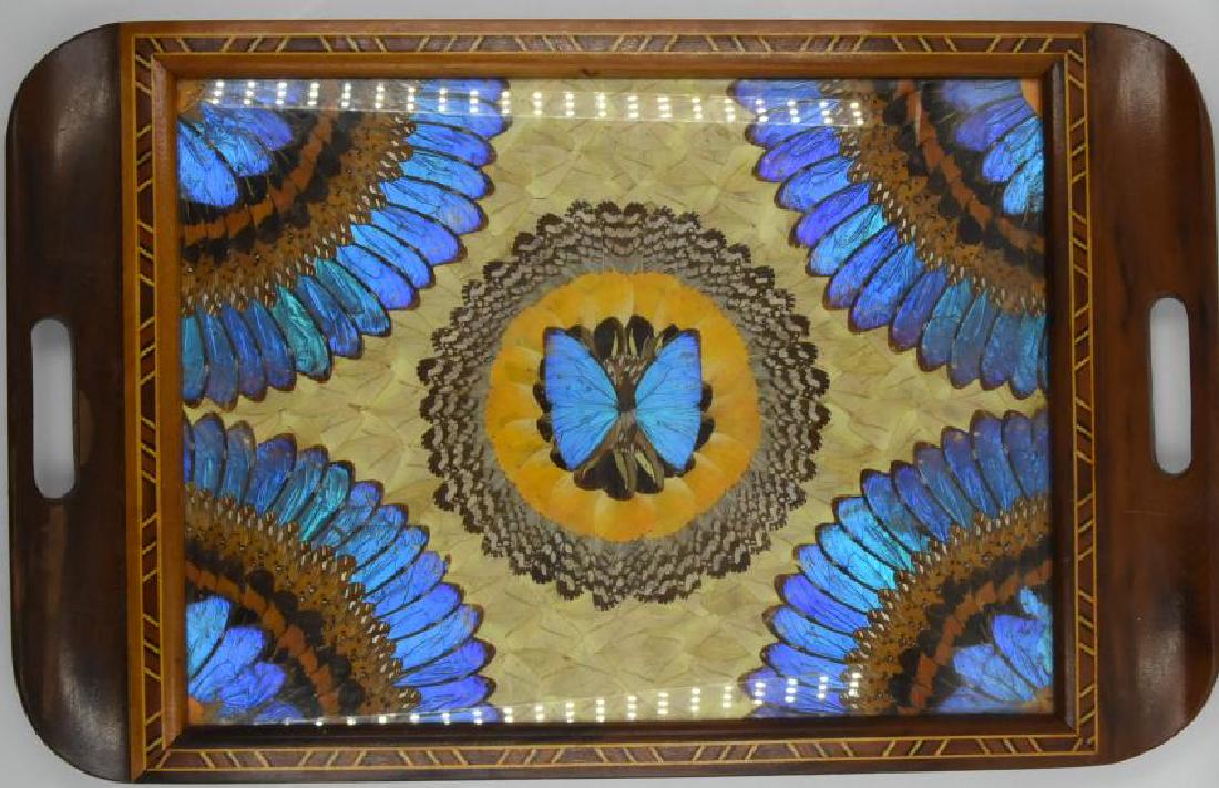 Butterfly wing Mid Century inlaid serving tray: 20" X 13" glass cover, French Woods; Mahogany and Cherry