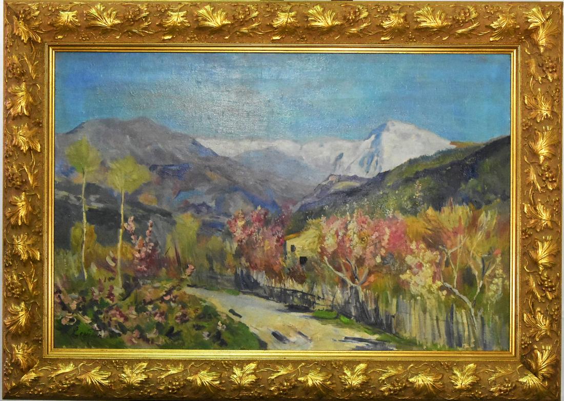 Isaak Il'ich Levitan "Spring In Italy" in the manner of: Original Isaak Il'ich Levitan (1860-1900) "Spring In Italy" Russian painter a master landscape painting and founder of the mood landscape genre. Artwork measures 35" x 23" and the frame is 42.5"W x 30