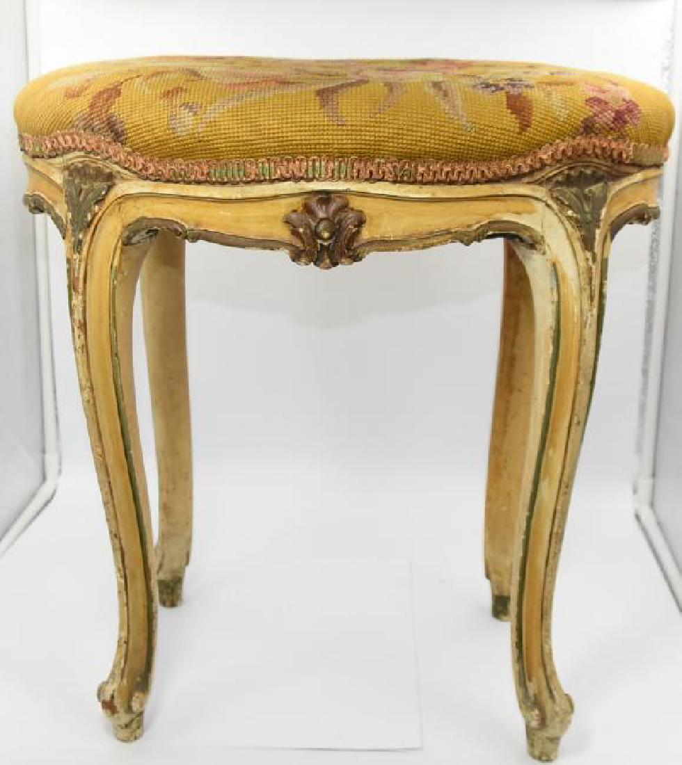 Antique Vintage Louis XV Vanity Stool: Painted stool with Needle point and Cabriole legs. 18.5H x 18W x 12.5D