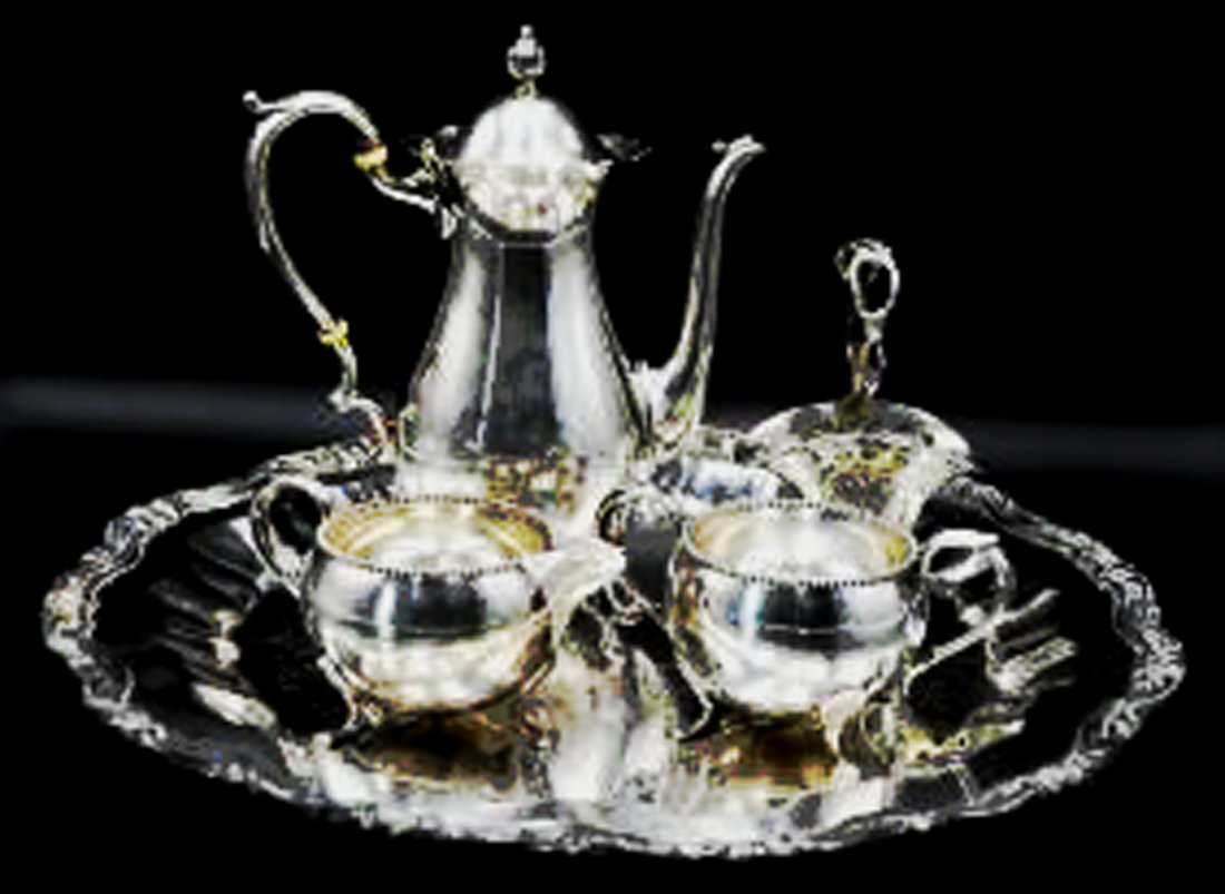 Sterling silver Fisher Coffee/Tea set w/ Tiffany flower: Beautifully made.Auction all 4 items in this lot Coffee/Tea sugar, creamer w/Tiffany are Sterling Silver. Tray triple plated sl=ilver, a dutiful gift.