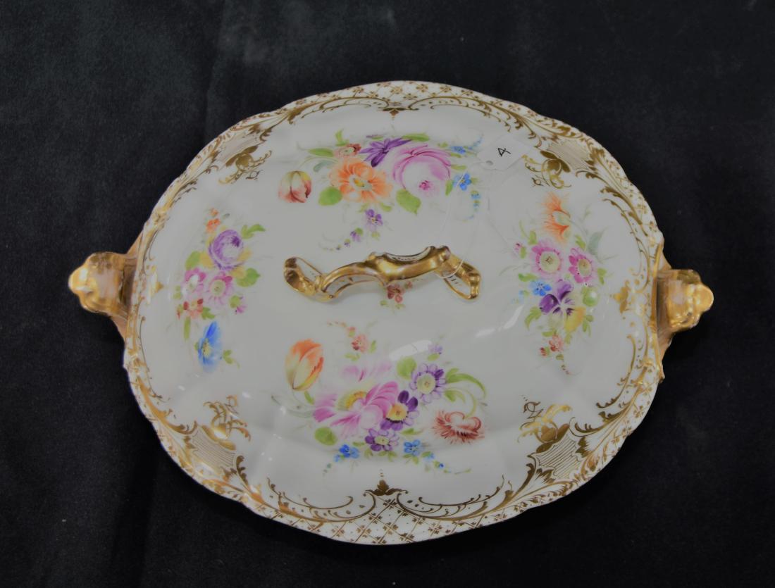 Dresden Covered Dish embellished with 10K Gold: Elegant - 5 in high x 9 1/2 wide 7 in deep