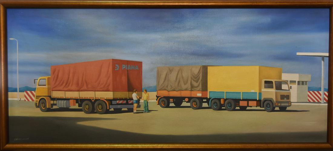 Jeffrey Smart Oil on Canvas In the Manner of Jeffrey: Measures approx. 29-1/4" H x 69-1/2" W plus frame.