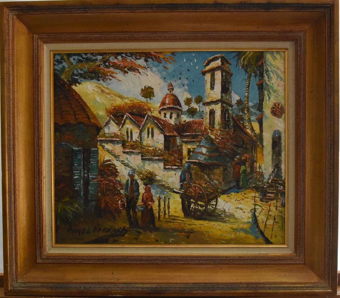 Signed Original by Angel Herrera: Acrylic on Canvas Street scene by Angel Herrera. Artwork measures 24"W x 20"H frame : 32.5"W x 28.5"H