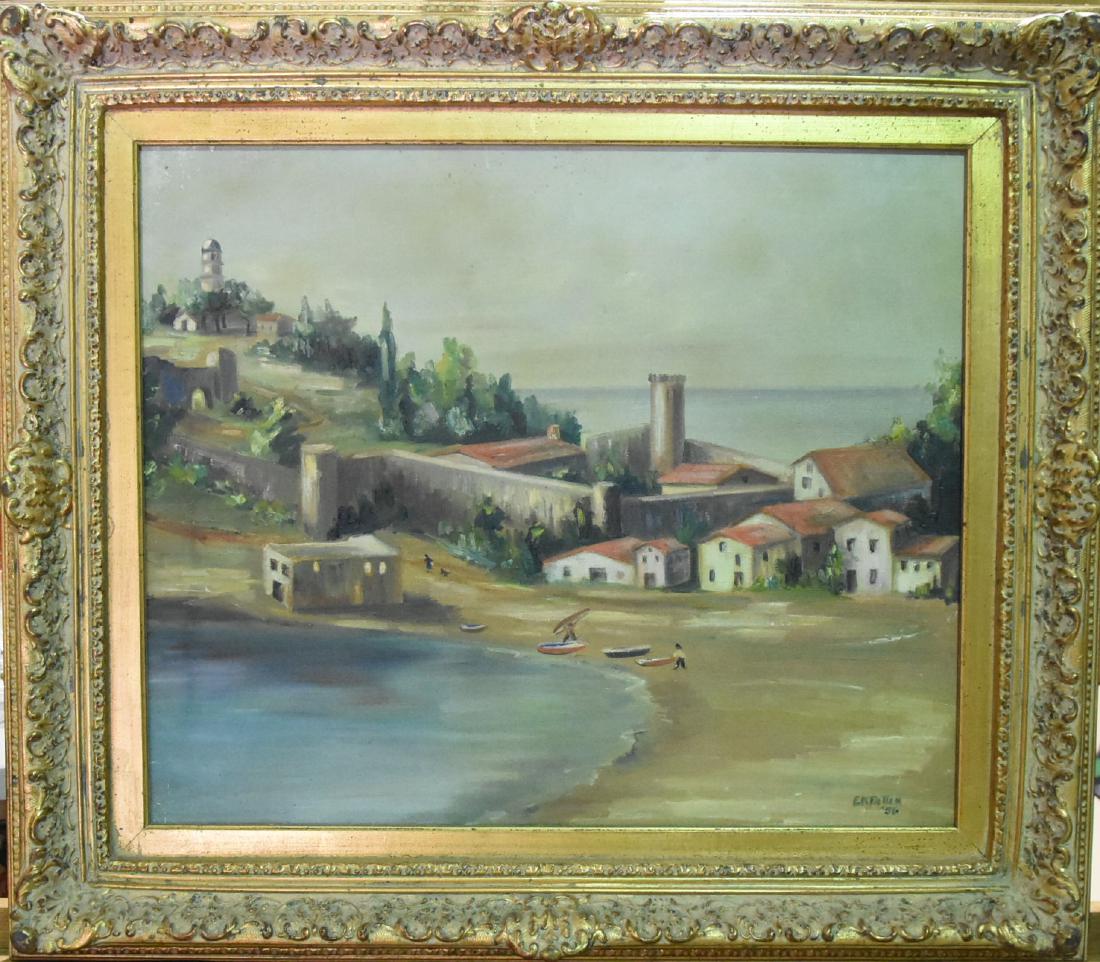 Original Oil on Canvas by E.K. PATTEN: Artist Signed E K Patten '56 original oil on canvas Spanish Seaside Village frame 31"W x 27"H artwork is 24"W x 20"H