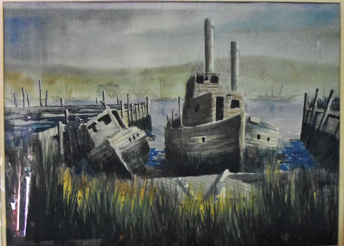 Original Watercolor of Fishing Boats at the Dock: Original Watercolor Artwork: 24.5"W x 18.5"H with frame: 31"W x 24"H