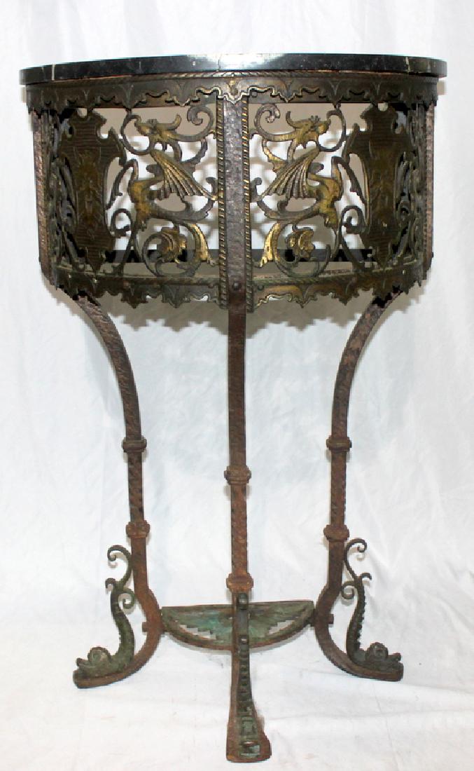 Antique Bronze & Wrought Iron, bronze Marble Top: Antique Bronze & Wrought Iron Marble Top dolphin foot marble console table. 37" h x 24" w.