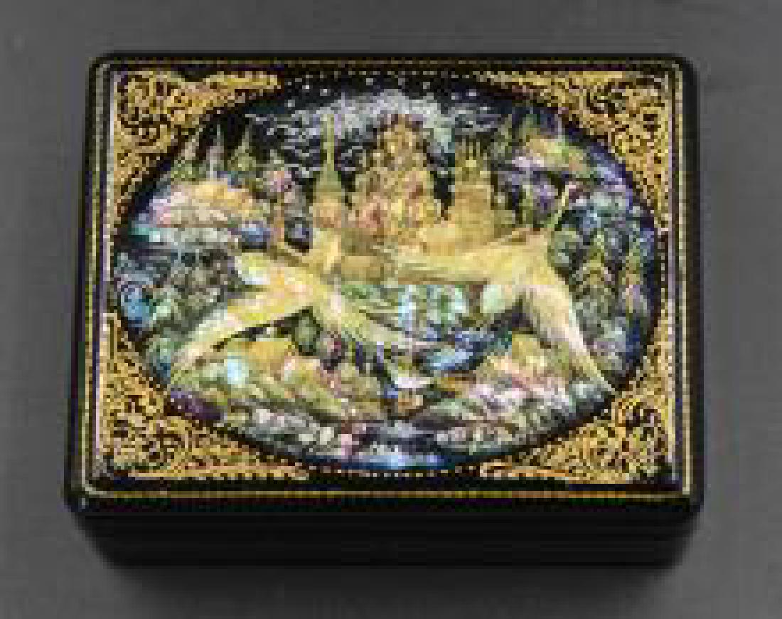 Russian black Lacquer Box Hand signed: 1. box inside 4 1/4" X 3 1/4" X 1 1/2" H (169)