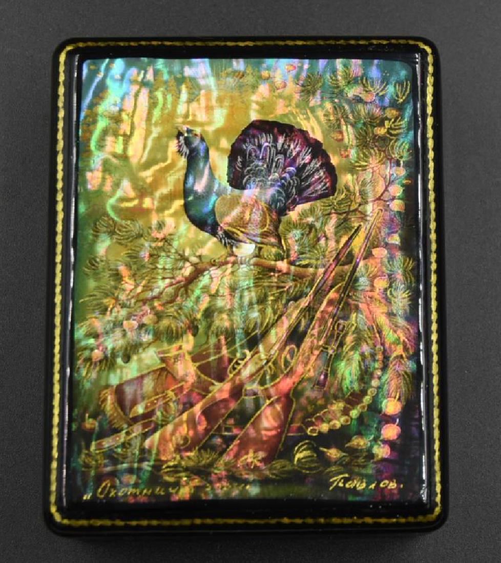Russian black Lacquer Box Hand signed: 1. small boxies inside 4 1/4" X 3 1/4" X 1 1/2" H (226)