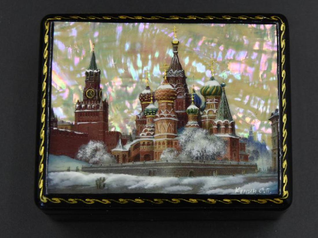 Russian black Lacquer Box Hand signed: 1. small boxies inside 4 1/4" X 3 1/4" X 1 1/2" H (169)