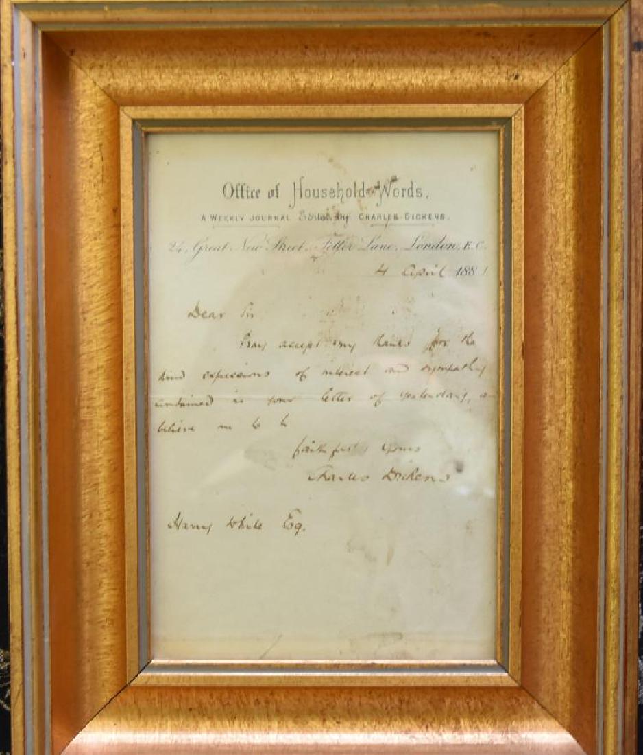 VINTAGE LETTER BY CHARLES DICKENS SON ON HOUSEHOLD: Ink on paper signed Charles Dickens CHARLES DICKENS, SON THE AUTHOR CHARLES DICKENS ON OFFICE OF HOUSEHOLD WORDS STATIONARY DATED 4 APRIL 1881 TO HARRY WHITE, ESQUIRE LETTER IS A THANK YOU, ETC.Â SIZ
