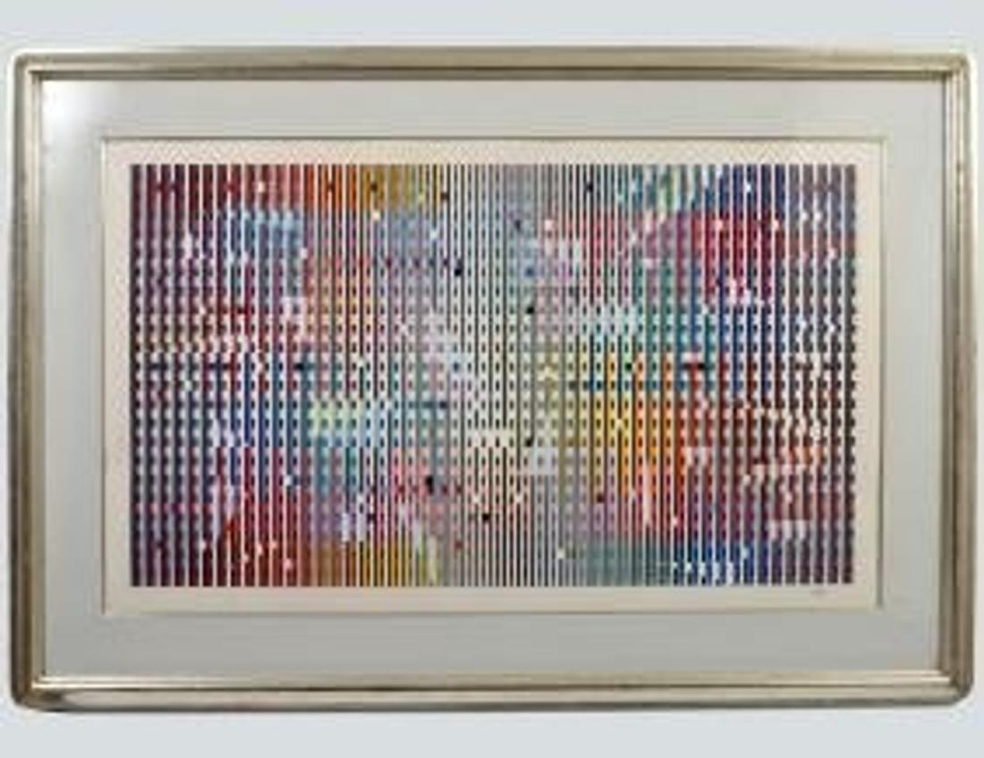 YAACOV AGAM (Israeli. B. 1928) Large 42 1/2 inches: Untitled. Signed and numbered 173/225 in pencil in the lower margin.Color Lithograph. Image measuring 25 by 42 1/4 in. Sight measuring 28 by 45 1/2 in. Silver leaf frame behind Plexiglas.