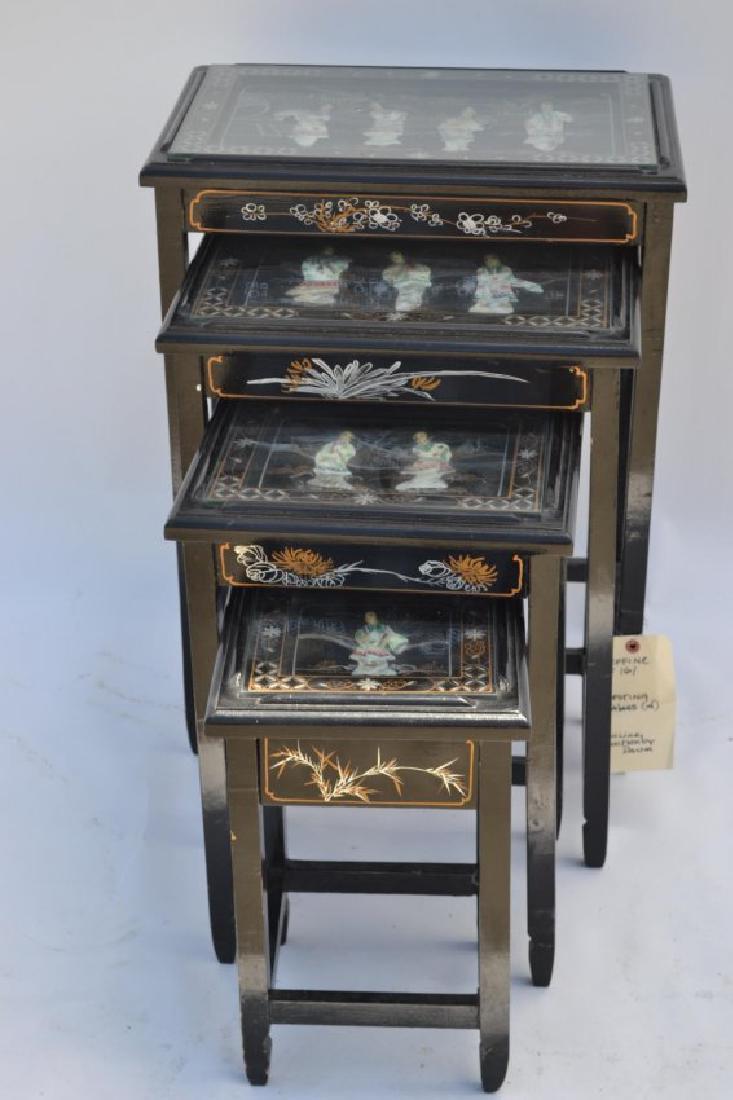 Oriental Nesting Tables (4) Hand Painted: Vintage Schell, Black Lacquer (4) 18" x 13" x 24"