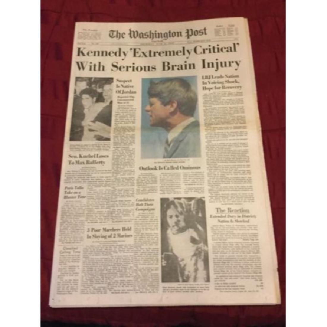 Robert Kennedy Assasination - 1968 Washington post: 34in./28in. Slight Discoloration on page two.