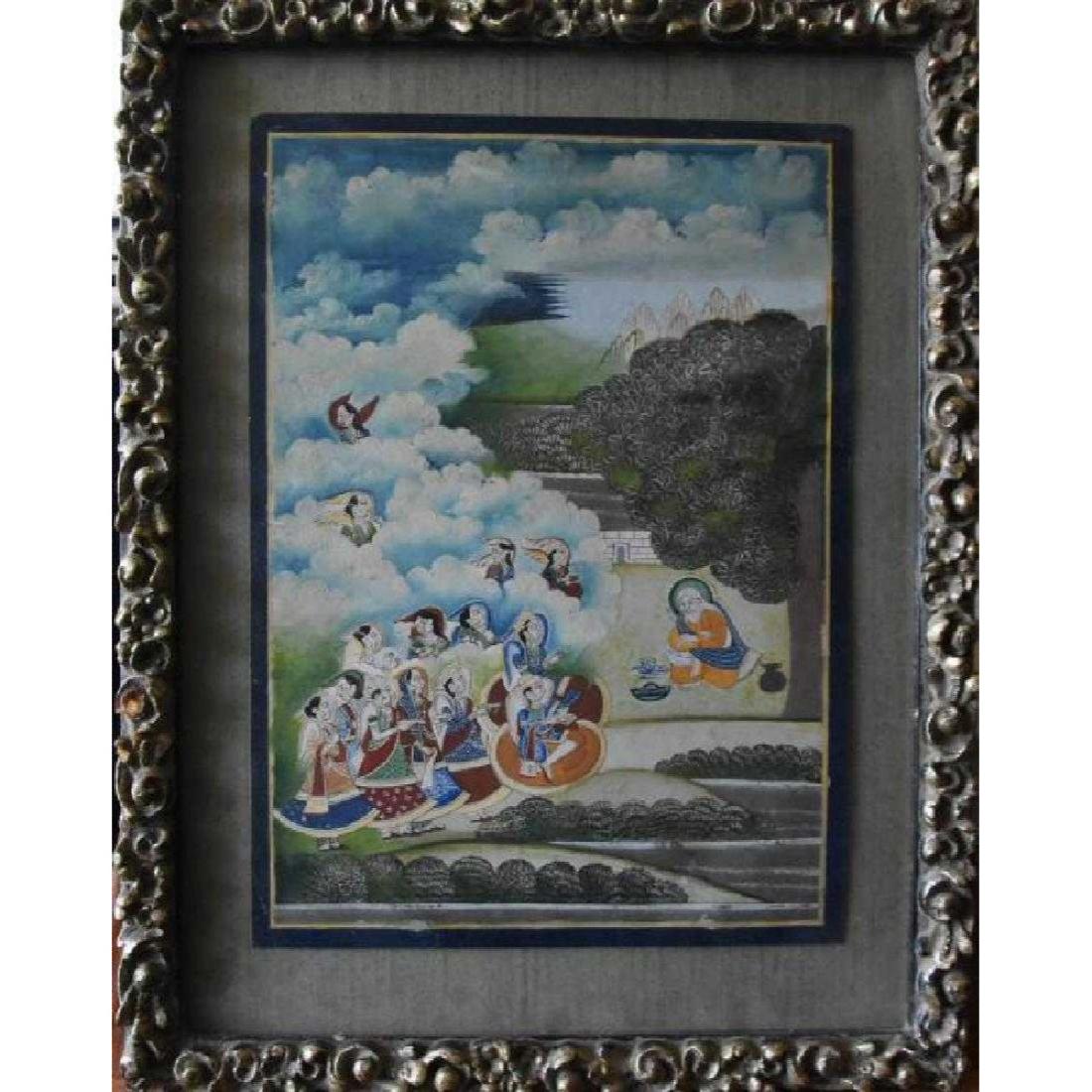 Indian Ink and Watercolor Original: on board with a silver leaf antique frame. Silk Matting artwork measures 14.5"H x 10.5"W the frame measures 18.5"H x 14.5"W