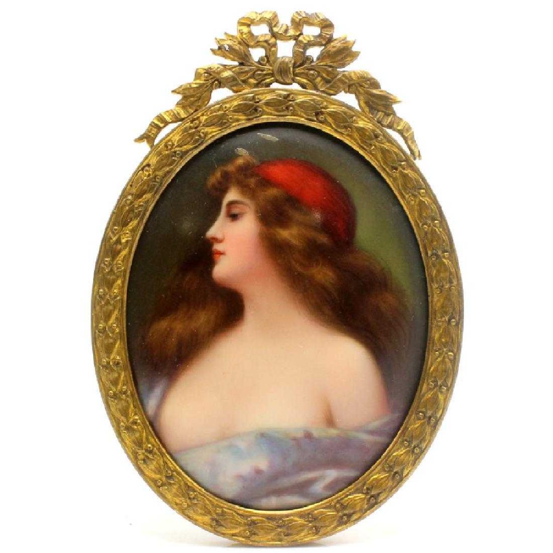 Antique German Porcelain Plaque of Semi-Nude Girl in: Antique German Porcelain Plaque of Semi-Nude Girl in Bronze. 3.5" length.