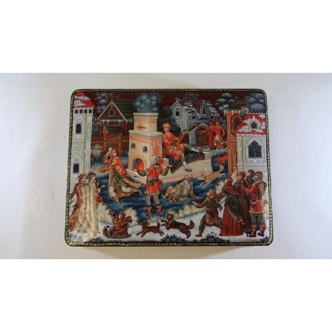 Russian Lacquer large Box w/ 4 Boxes inside Signed: Russian Lacquer large Box w/ 4 Boxes inside Signed Emera 2" X 9 1/2" X 7 1/2" small boxes 1 1/2" 4 1/2"