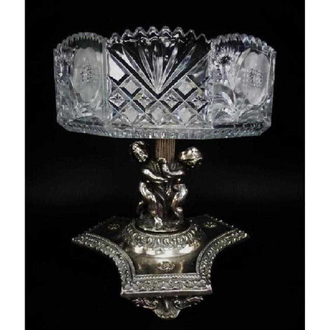 SILVER OVER BRONZE PUTTI CUT CRYSTAL CENTER BOWL: SILVER OVER BRONZE PUTTI CUT CRYSTAL CENTER BOWL