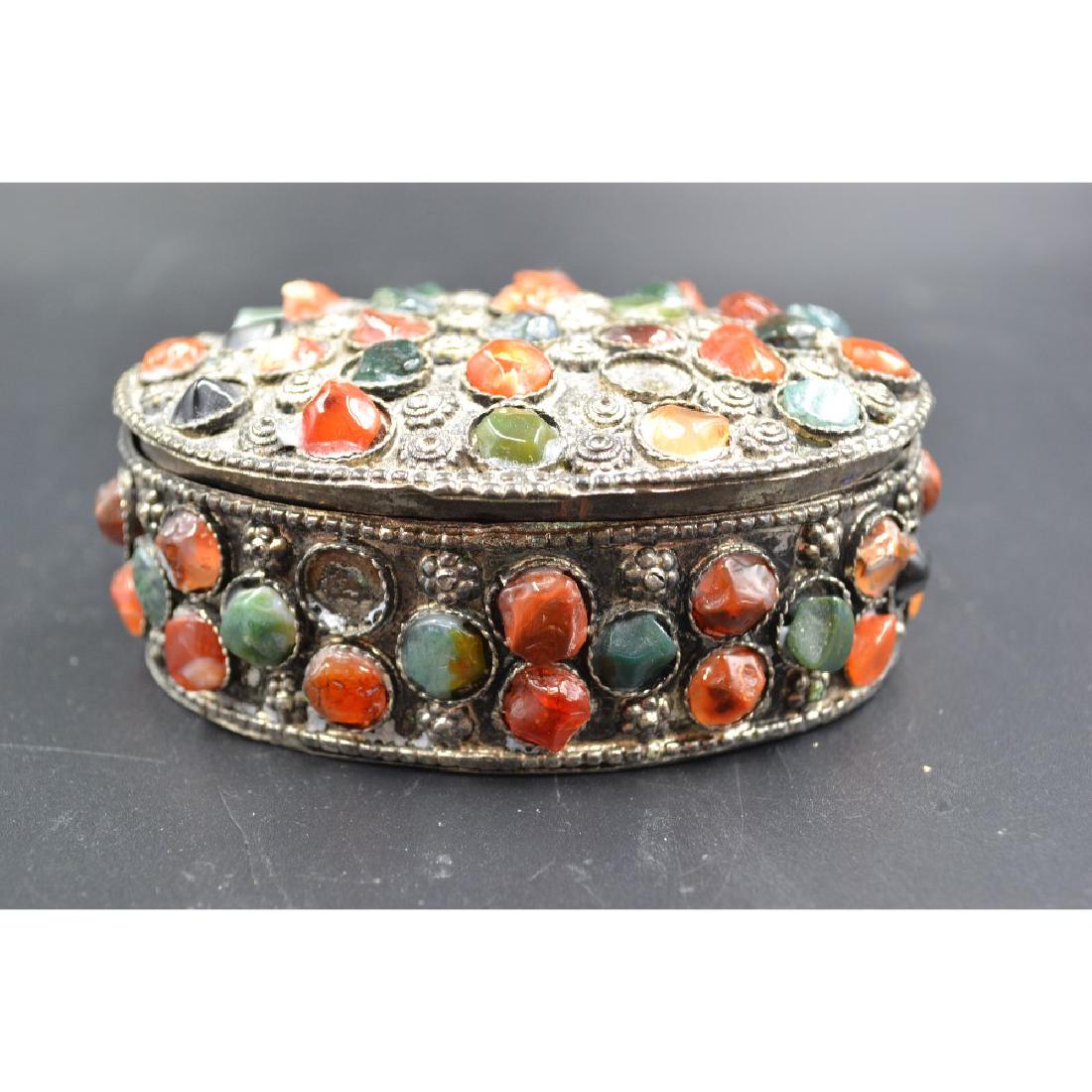 Trinket box with faux gem stones - Indian - some gems: 4.25 Long, 3.5" wide, 2" high - condition fair