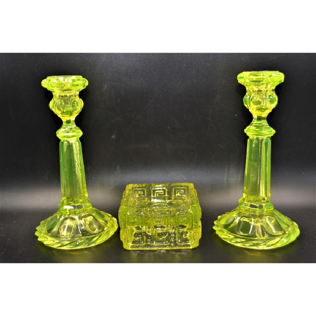2 Candlesticks -1 Square Candleholder Vaseline Glass (1 of 5)