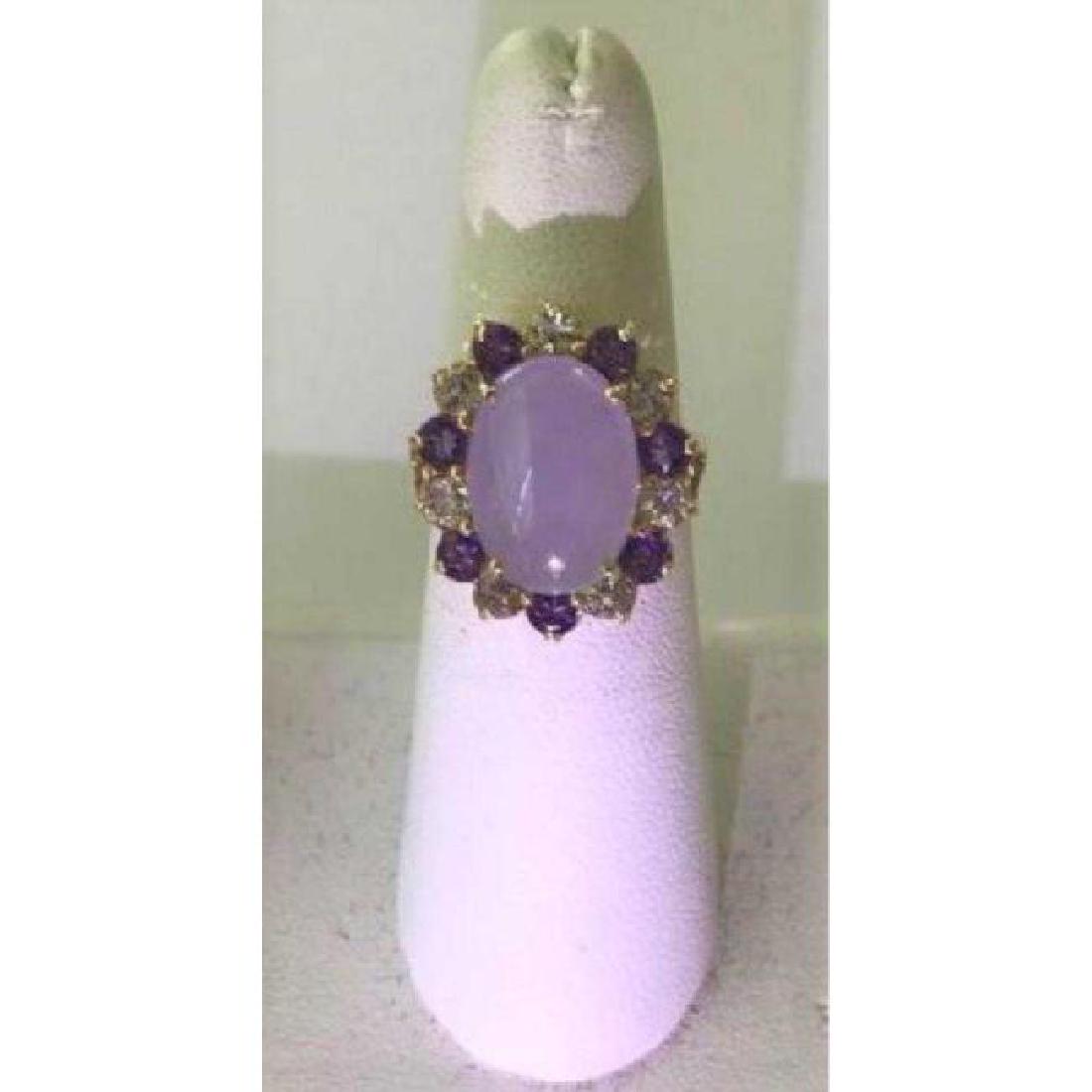 14K White Jade Oval Ring: size 6. 7 diamond, 7 amethyst