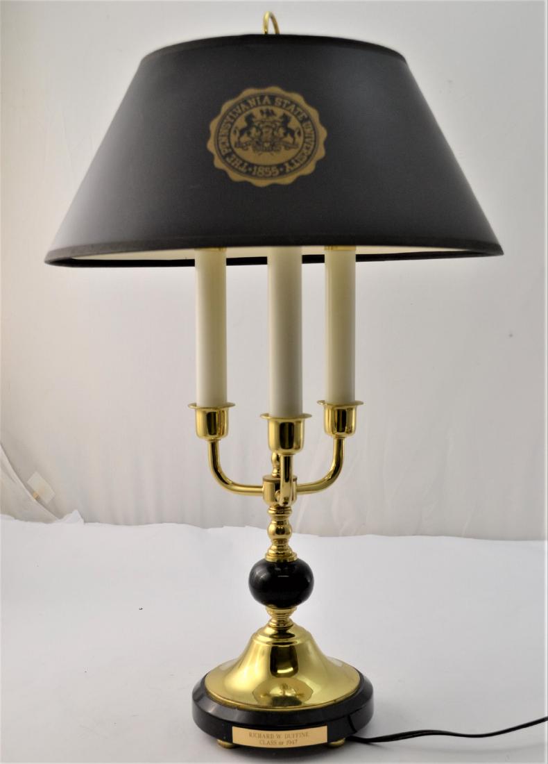 Desk Lamp with Three Torchiers Black & Brass: 22.5" h x 6" base, shade - 14.5" diameter.