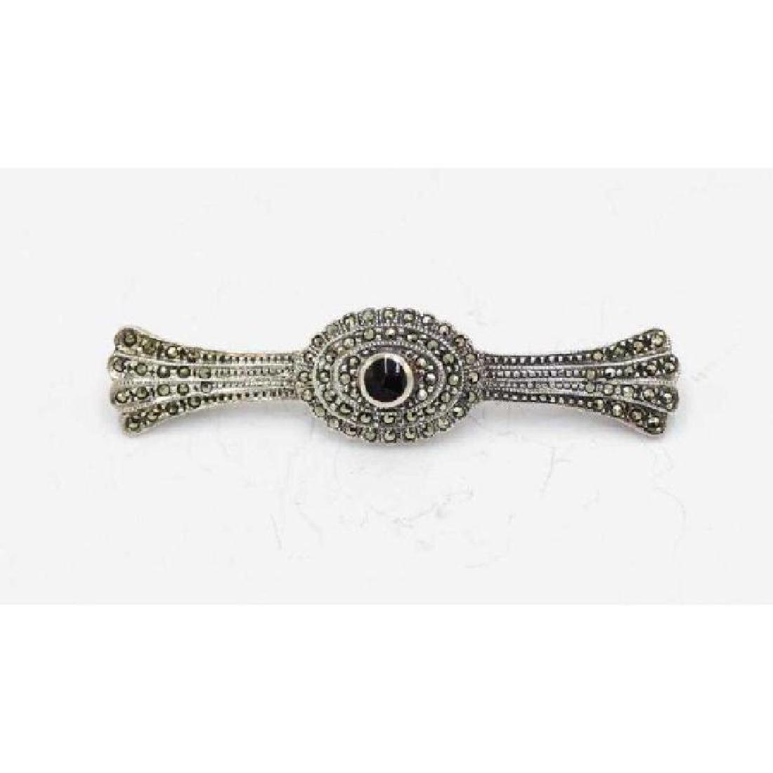 Vintage 925 Silver, Onyx and Marcasite Brooche Art Deco: 2.5" x 7/8" Weighs: 0.27 OZT