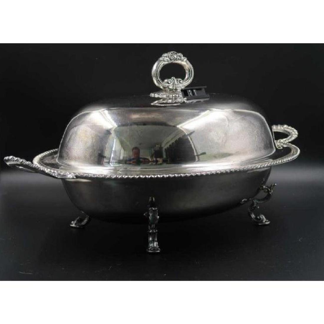 Covered footed Serving dish - Silver plate: TD Lion symbol Staffordshire - 9 inches high x 21 inches long x 13 inches wide