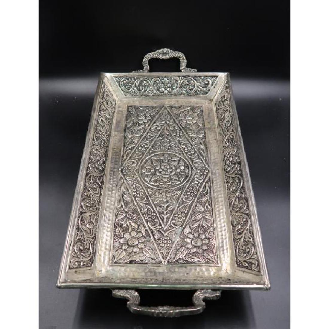 Rectangular Silver Metal Ornate Burtler's Tray - footed: 20" long x 11.5" wide x 3" high