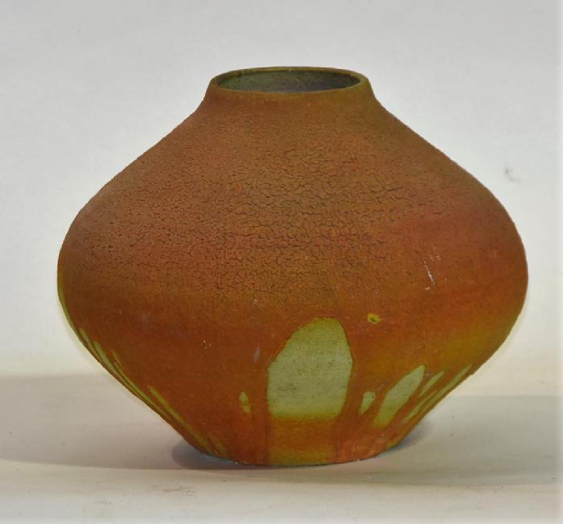 Navaho Clay Vase: Navajo Native American Carved Red Clay Pottery Vase. Size: 8"h x 10"w.