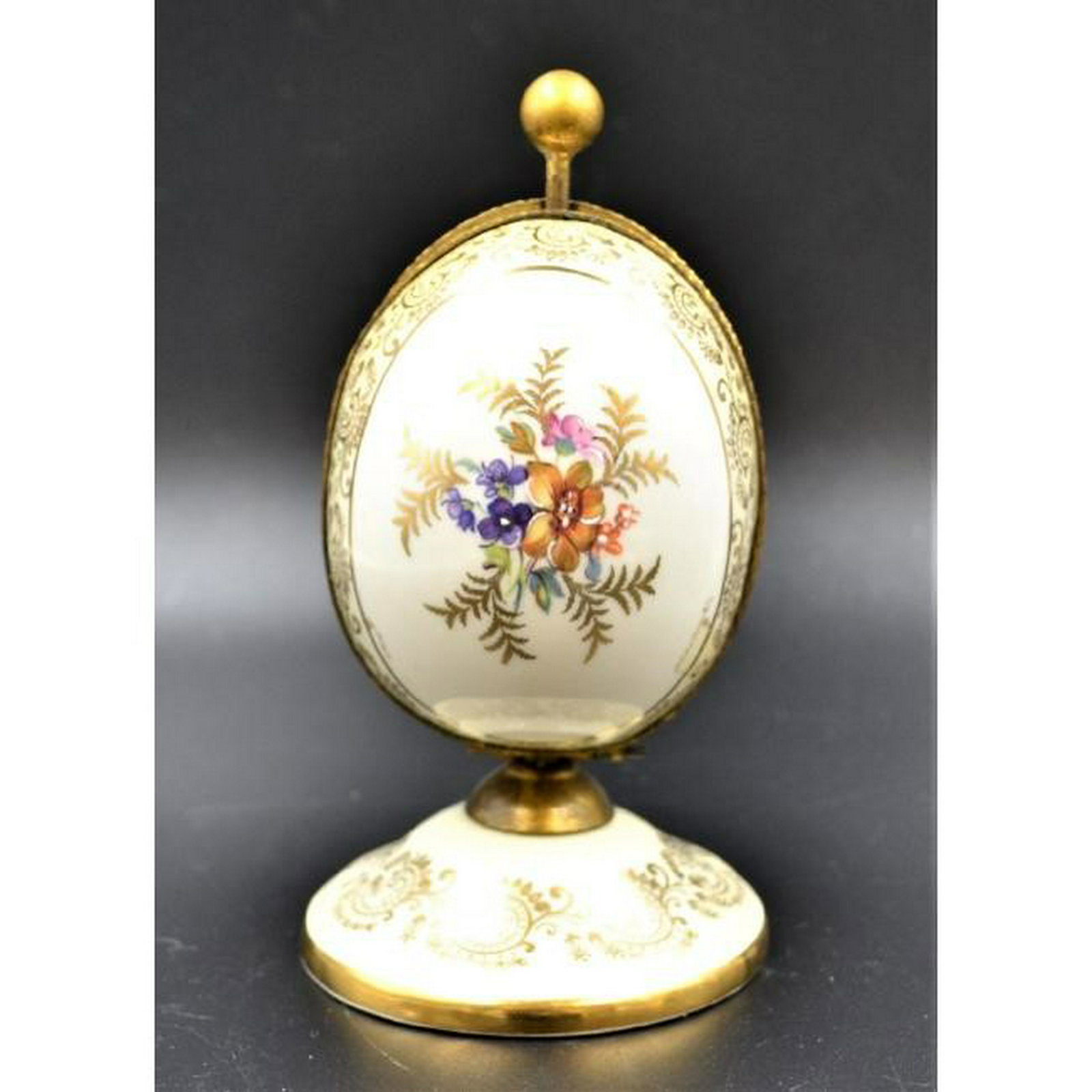 Limoges egg in a Faberge Style encapsulating 2: Size: 5.5" tall, 2.75" wide - base 3"