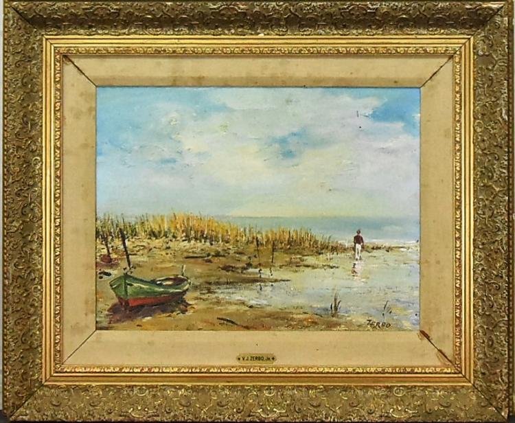 VJ Zerbo Original Boat and Beach: Oil on Canvas, signed lower right 13"H x 17"W