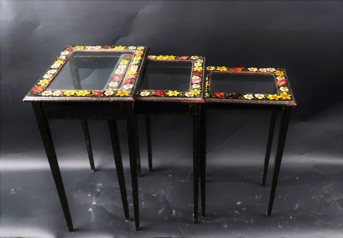 Victorian Style Hand Painted w/ Glass Nesting Table: Hand Painted Nesting table, size: 22"h x 12"w x 15"l.