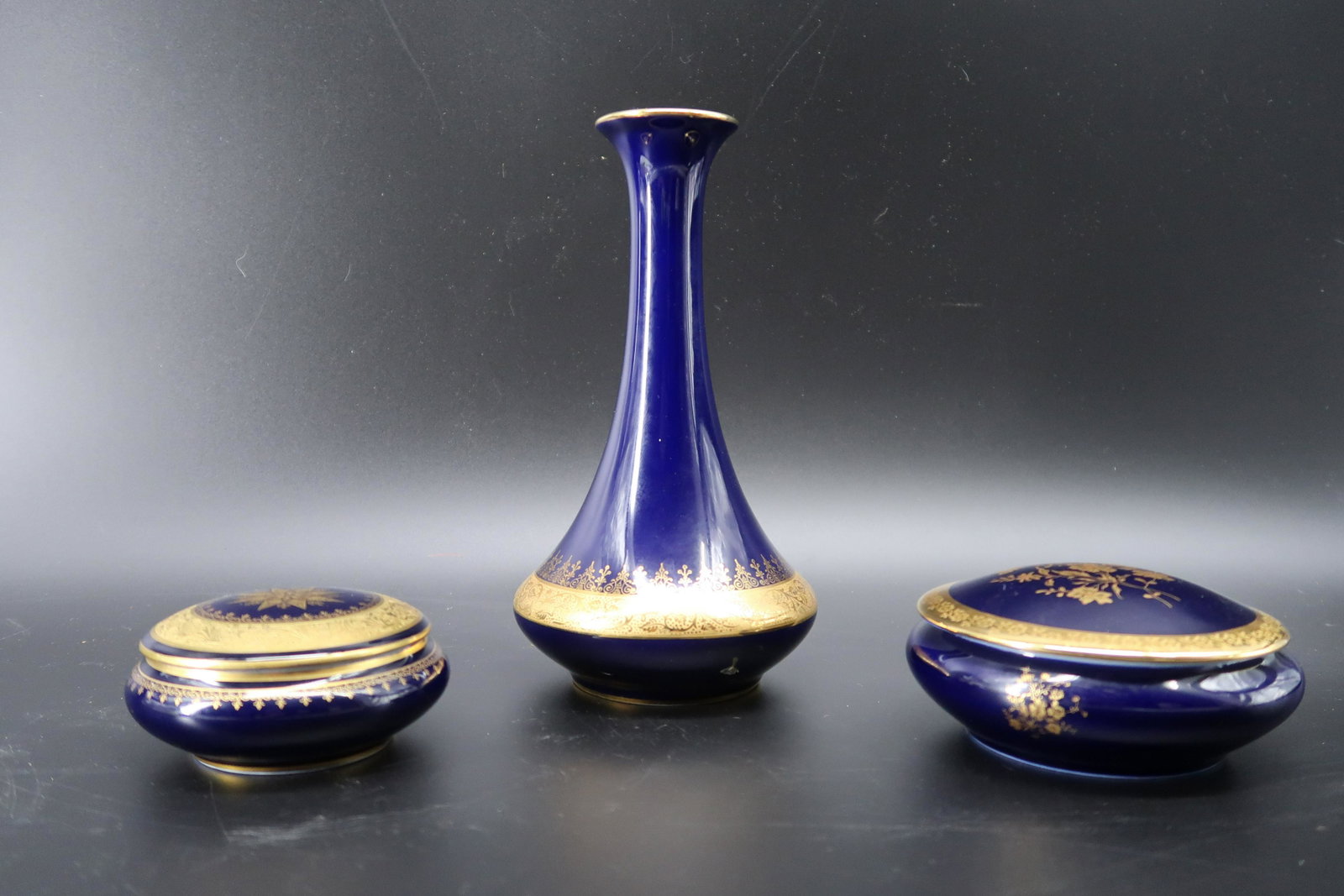 Limoges 3 Piece Cobalt Blue Gold Trim: Vase, & 2 trinkes container