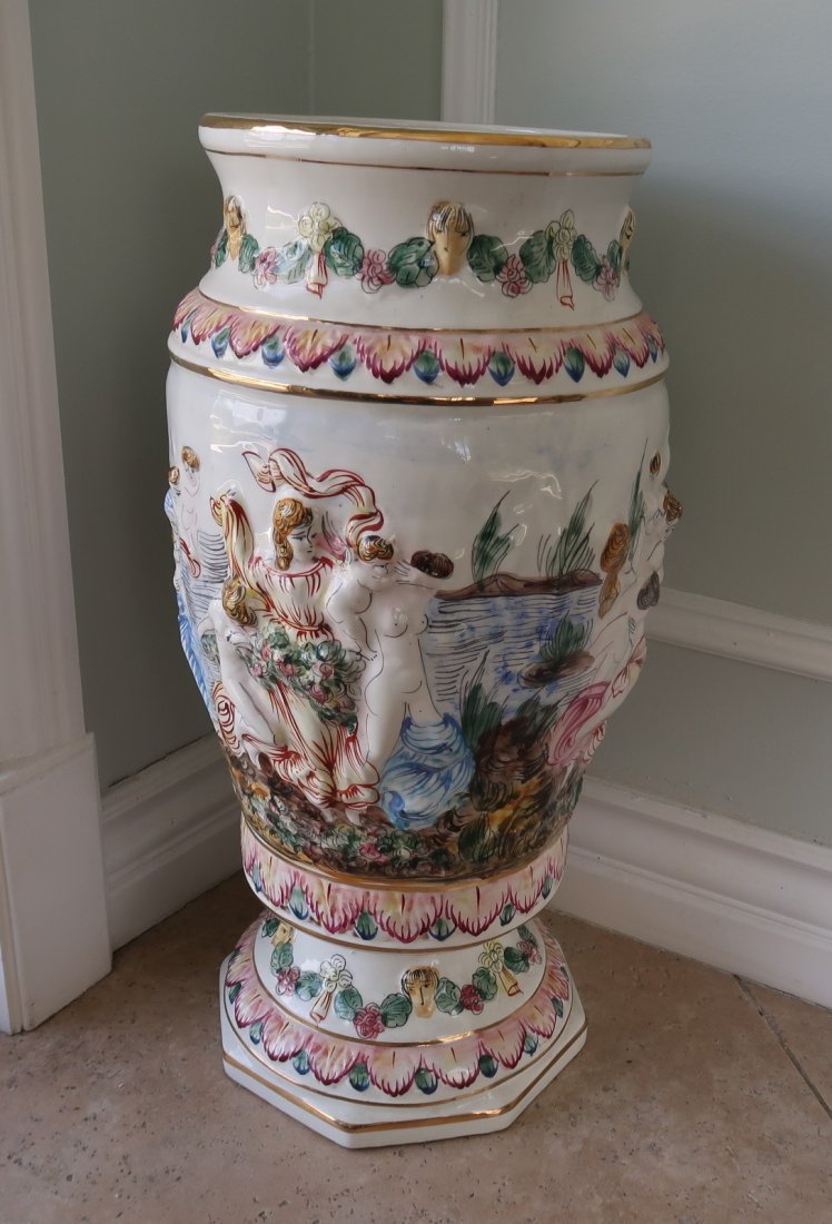 Vintage Capodimonte Porcelain Large Umbrella Stand: Â Putti Cherubs Size 11"w x 22"h