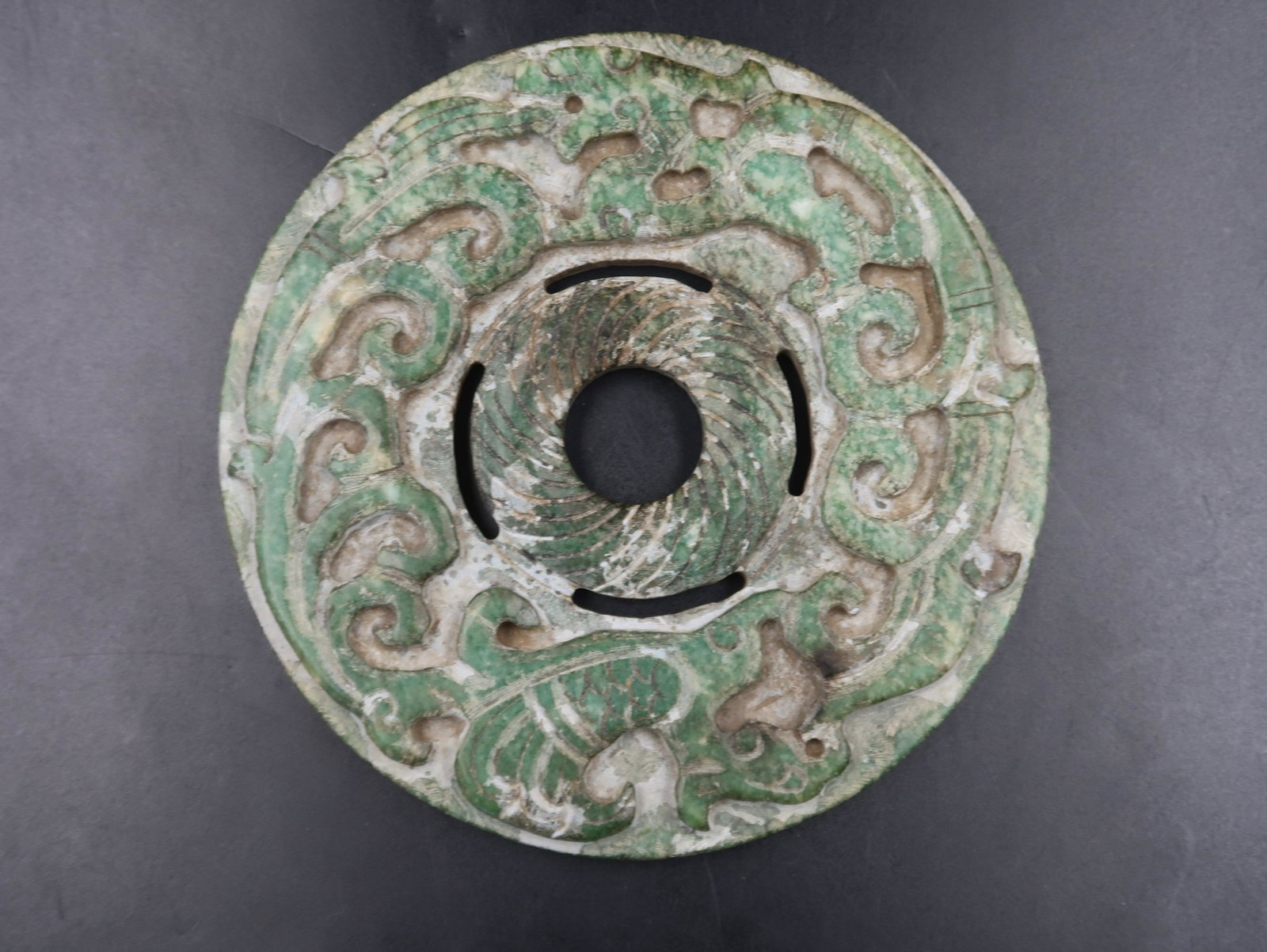 Old Chinese Hfongshan Culture Jade Hand carved Bi: 8" Jade Carved Beast&Lettering Bi (disc) 396gOld Chinese Hfongshan Culture Jade Hand carved Bi Exhibits Creativity Spirit and Brilliant Culture