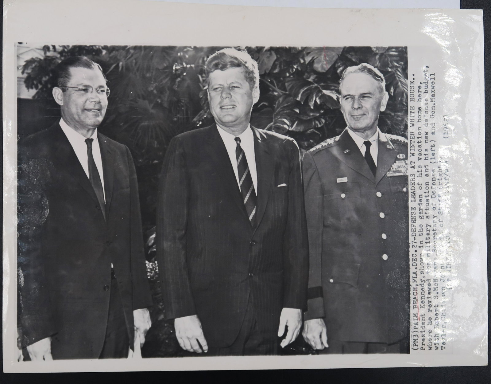 Defense Leader Winter White House Photo: Palm Beach Florida December 27, 1962 with defense leaders at winter white house President Kennedy, shown in the garden of his vacation home where he reviewed the military situation and his new defense