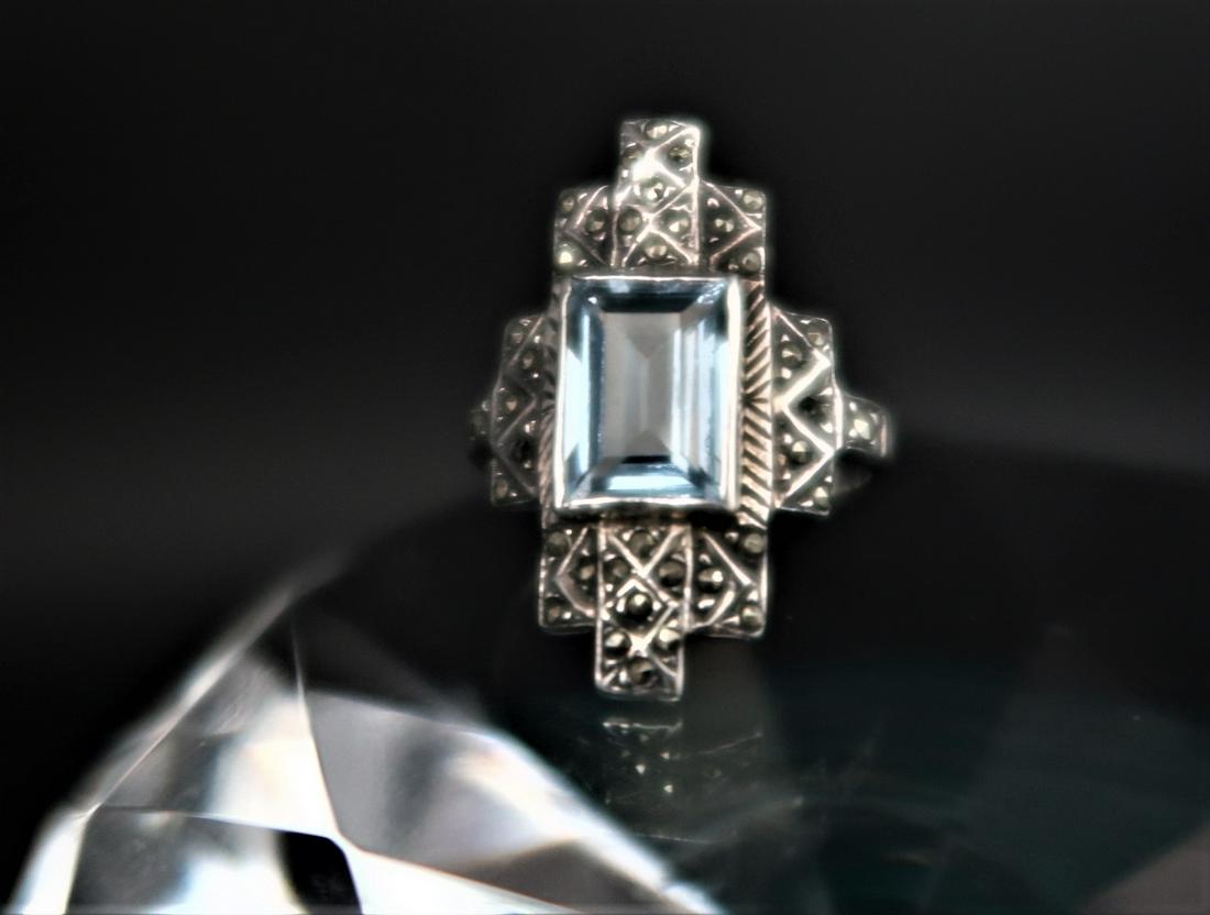 Antique Marcasite Emerarld Cut Topas 925 Sterling: Vintage Marcasite emerald blue topaz ring size: 8