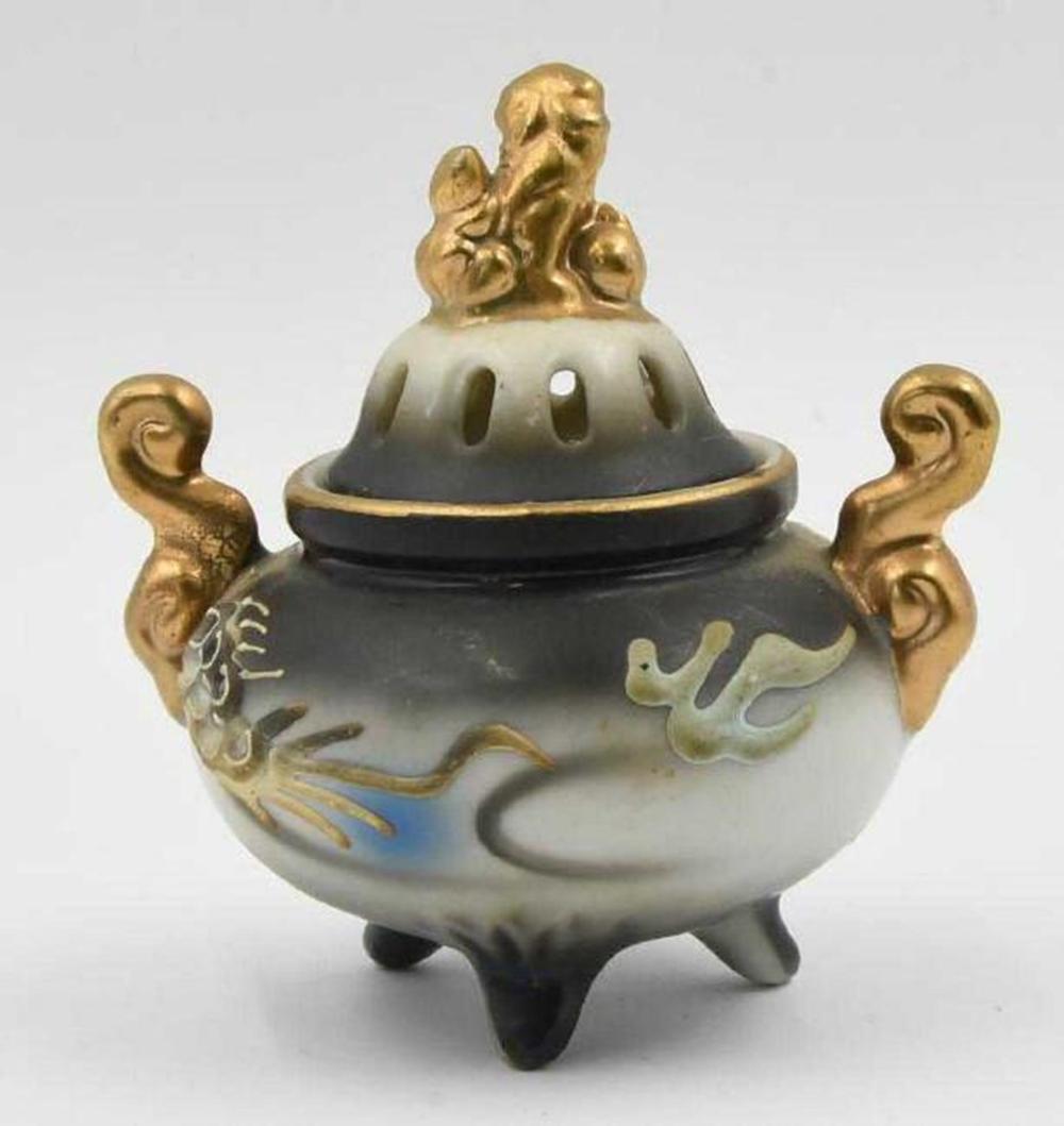 Occupied Japan Inscence Burner with Lid: Ornate Porcelain - Gold Trim - raised relief - 3.5" high and 3.5" handle to handle