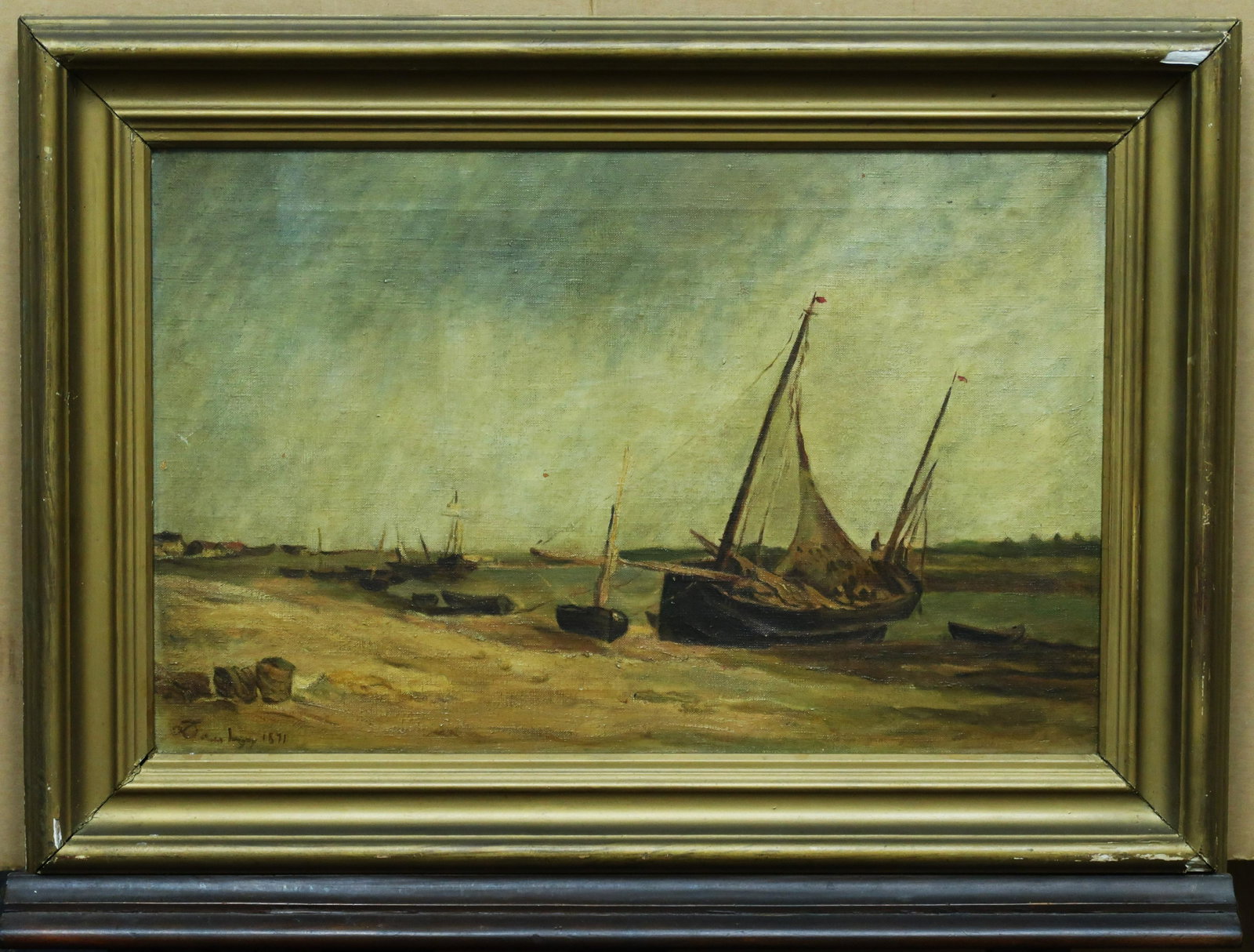 Oil on Canvas Ships on Shore w/ Hand signed: Ships on shore was paiting in 1871 as signed by the artist and illustrates sailboats and rowboats resting along the shore of a small fishing hamlet. Hues of blue, tan and earthly browns fill the palet