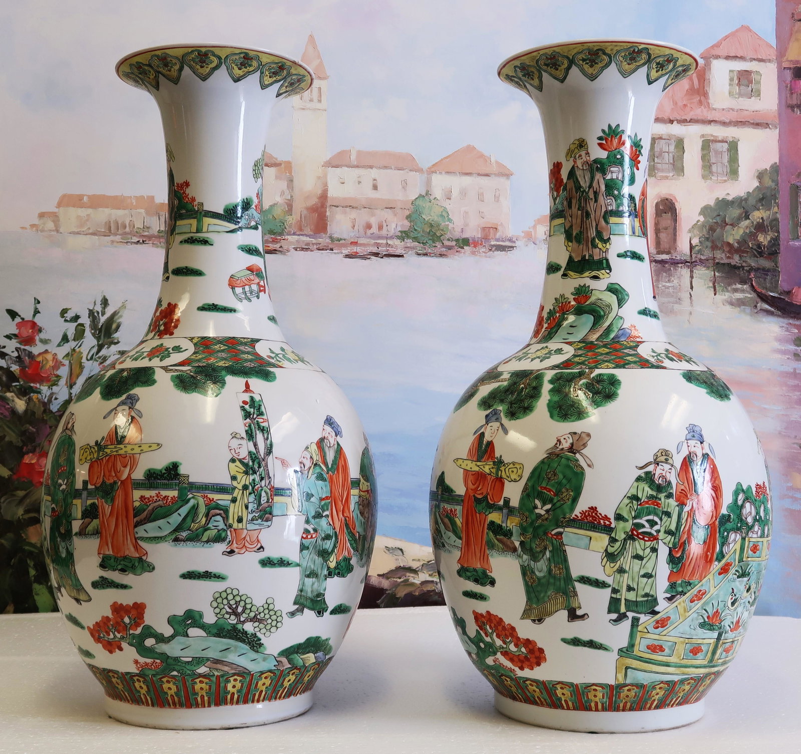 Pair Chinese Famille Rose Porcelain Baluster Vases: Pair Chinese Famille Rose Porcelain Baluster Vases. 13" high. Condition: one 2" crack to top rim. Provenance: Purchased Clark Antiques