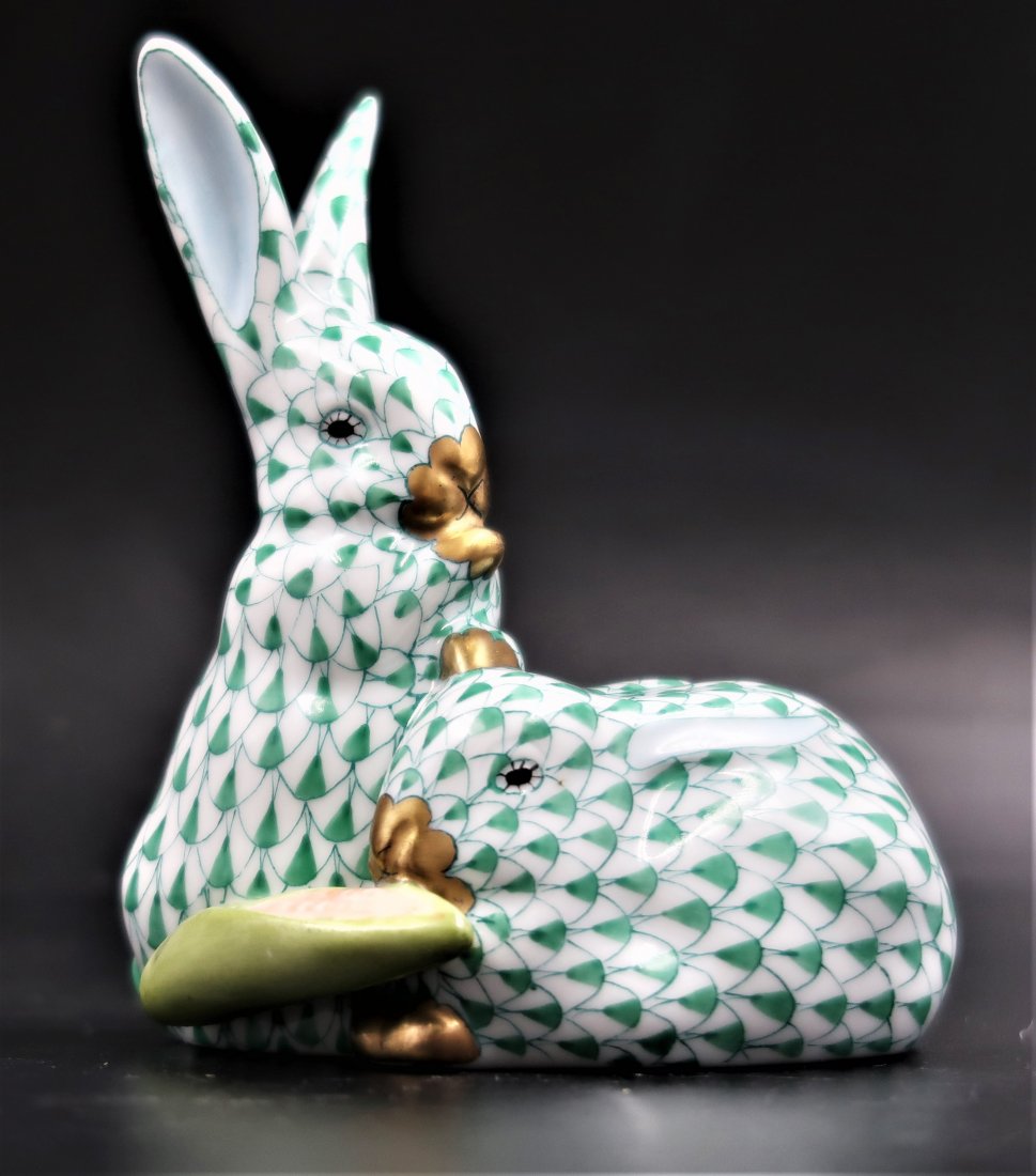 Herend Hungary 2 Rabbets With Gold nose and Paws: Size 4 1/2" X 2 1/2" hand painted Herend Hungary 2 Rabbets With Gold nose and Paws