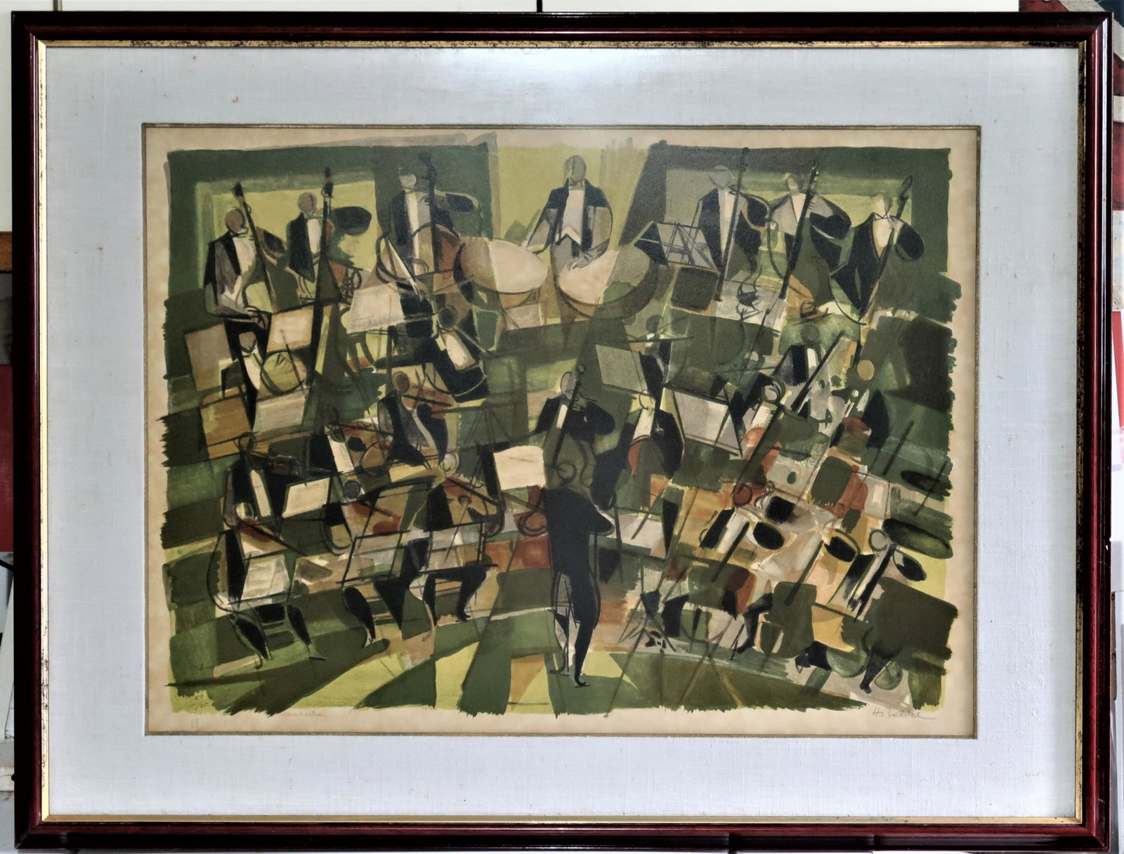 Signed Camille Hilaire Lithograph Orchestra: Camille Hilaire (1916-2004) lithograph orchestra signed and numbered 59/120 signed lower right measures 23"w x 17" h frame and matte is 4"