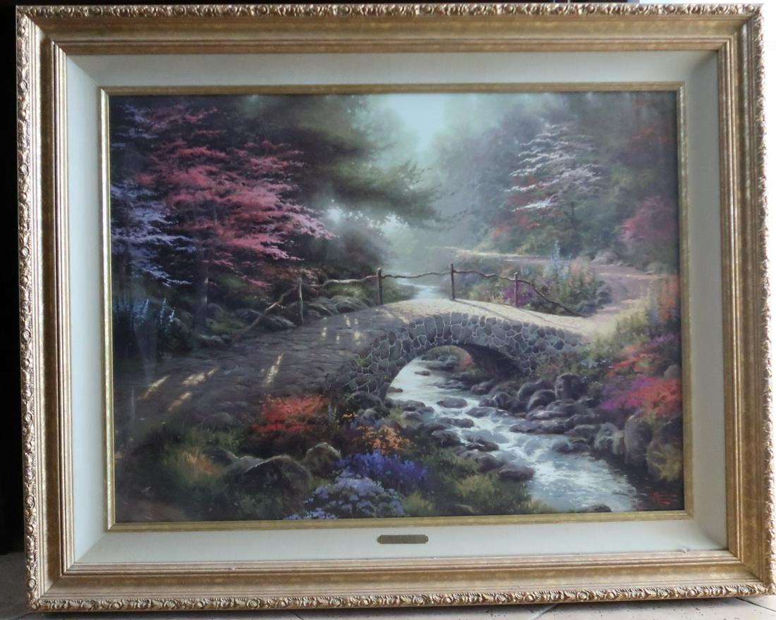 Signed Thomas Kinkade Large Colored Letho Bridge of: Thomas Kinkade Colored Print Bridge of Faith signed and numbered 254/3850 measures 33" H x 25"W, 43" H X 35"W frame and matte