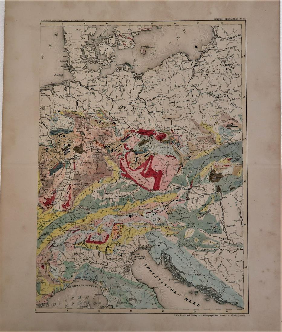 1850s Map Across Europa, OST See to Indisches Meer: Geognostische Karte v Mittel - Europa, II(Oestl). Haelfe. Size: 11' x 15'