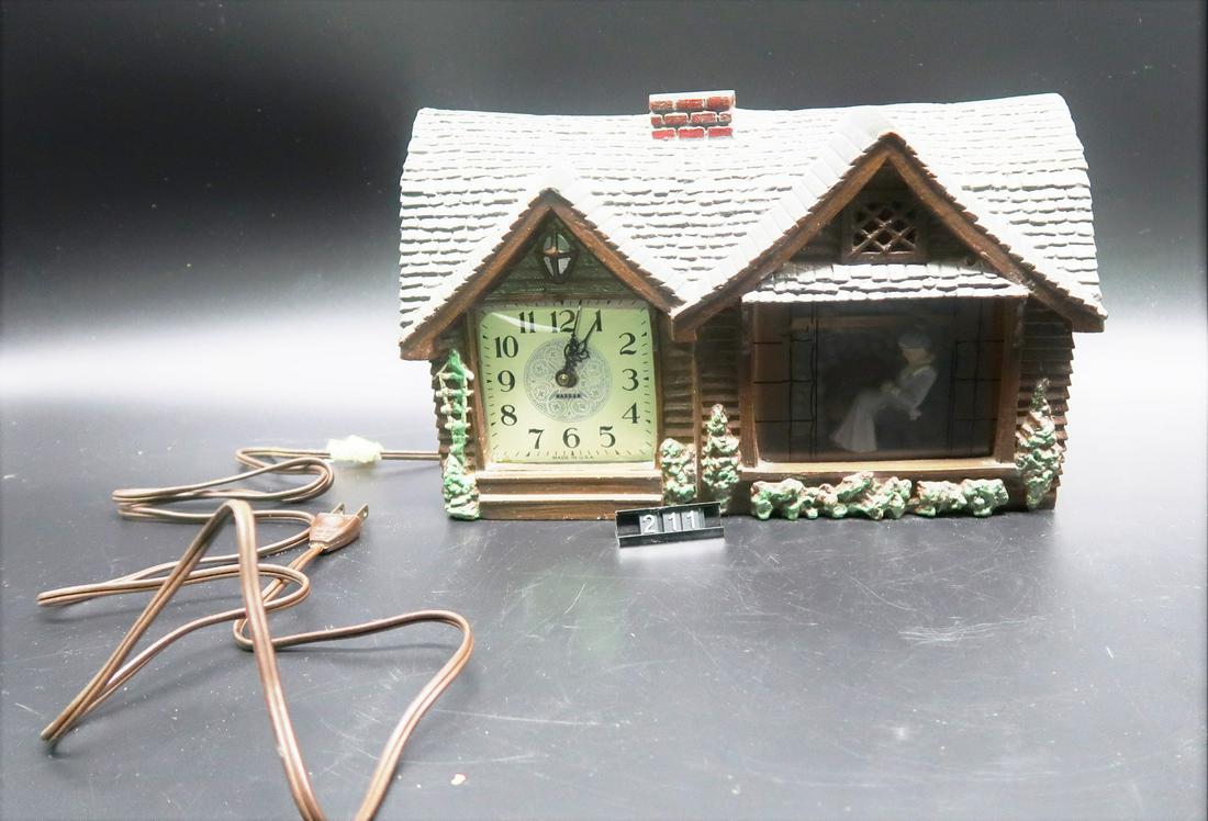 Vintage Haddon Clock & Grandma Rocking Chair Home Sweet: Haddon orgiginal Home sweet Home, model 30 Clock.. Glass is loses on front. Size: 7"H x 12"w.