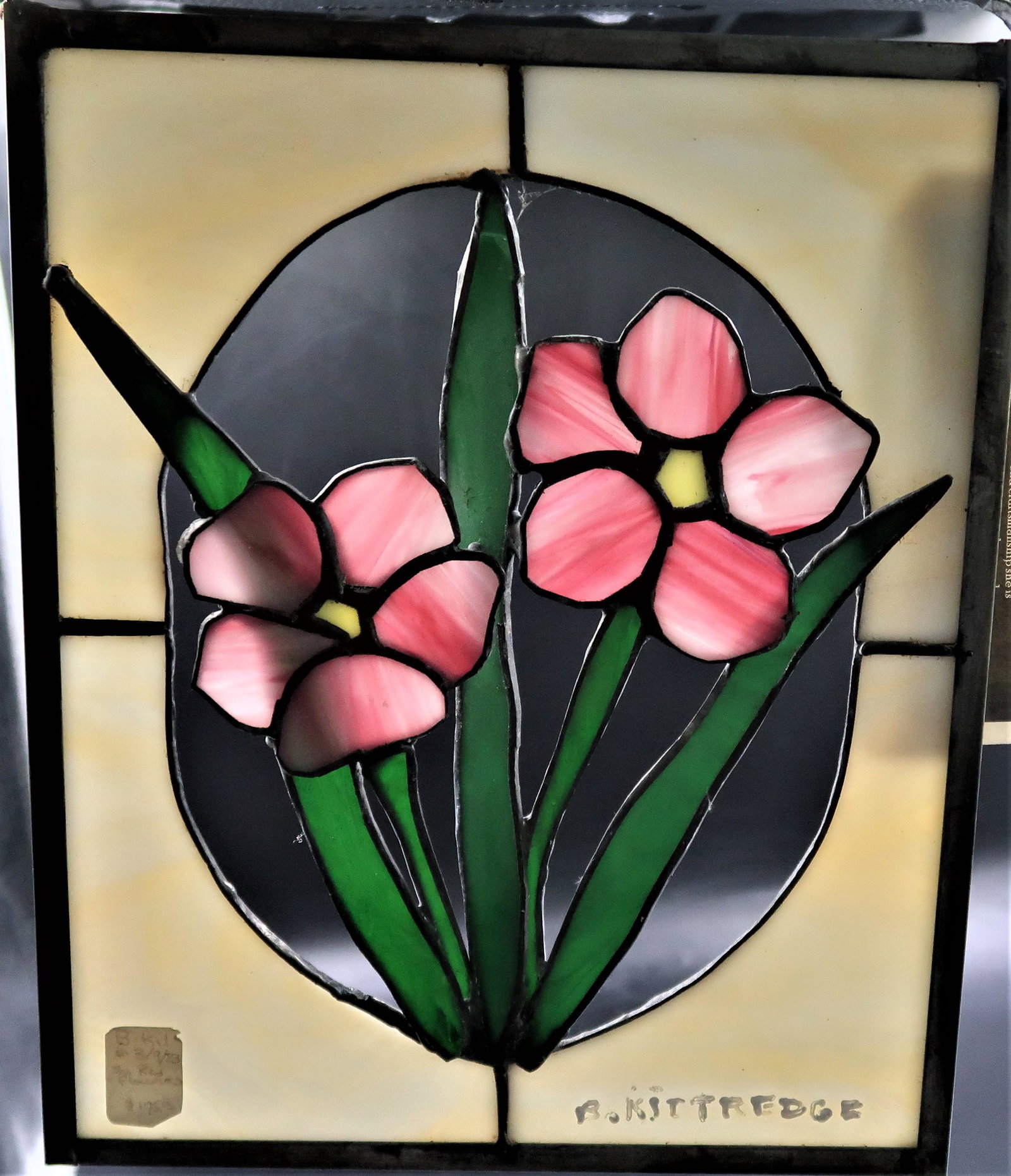 by Betty Kittredge Stanned Leaded Glass: Size: 12 1/2" X 10" with signed "Betty Kittredge-is a highly talented artist who has mastered leaded glass and glass nugget jewelry as well as oils and other medium of artistic expression.
