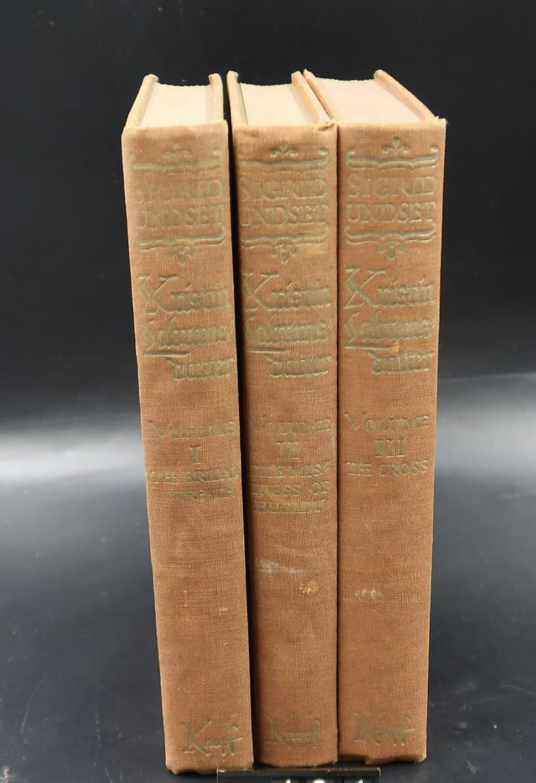 Kristin Labransdatter Sigrid Undset 3 Volumes 1946 "The: Kristin Labransdatter Sigrid Undset 1946 3 Volumes Vol. I "The Bridal Wreath", Vol. II "The Mistress of Husaby", Vol. III "The Cross" Good condition for the age translated from Norwegian by Charles Ar