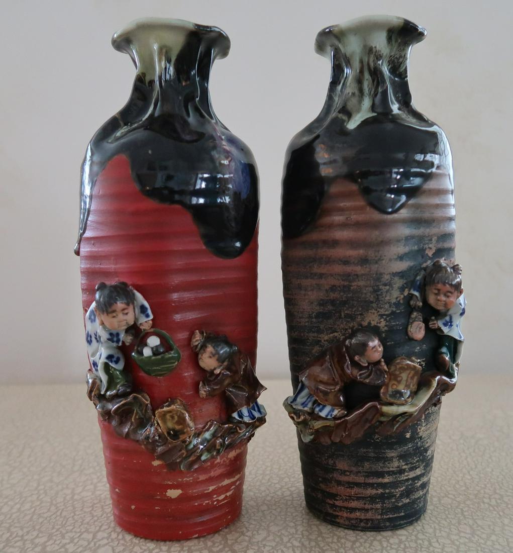(2) Japanese Sumidagawa Porcelain Vase w/ Childrens: 2 pair of Japanese Sumidagawa Porcelain Vase w/ Childrens